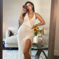 2023 New Crochet Beach Maxi Dress para as Mulheres Ver Através Sexy Bikini Plunge Backless Bandage Sem Mangas Lacing Dividir Vestidos Longos Importe Go 