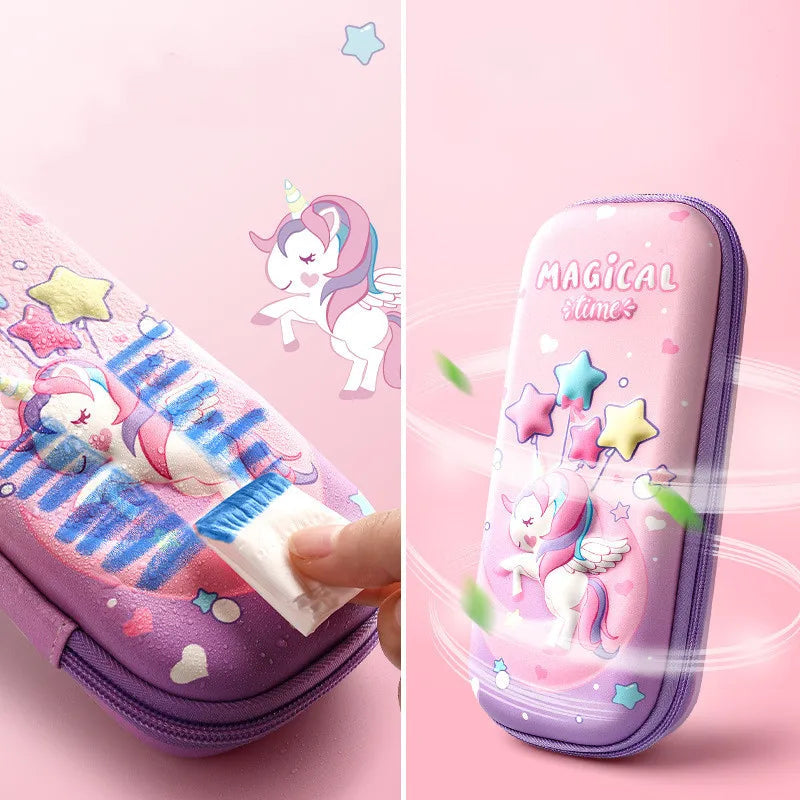 3D Unicorn EVA cute pencil box School student stationery box Children pencil storage box Three layer large capacity pencil case Importe Go 