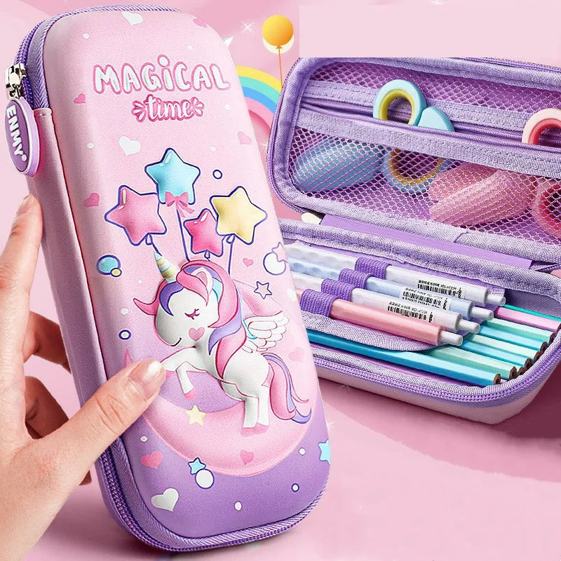 3D Unicorn EVA cute pencil box School student stationery box Children pencil storage box Three layer large capacity pencil case Importe Go 