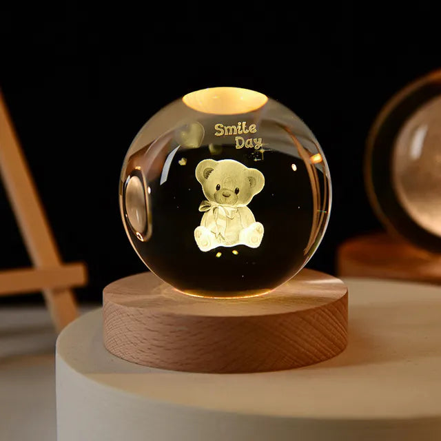 Bola de cristal 3D de 6cm para decoración del hogar y escritorio, grabado con láser globo con sistema Solar, luz nocturna de Planeta, regalo de cumpleaños y Astronomía Importe Go 6cm with base Cartoon Bear 