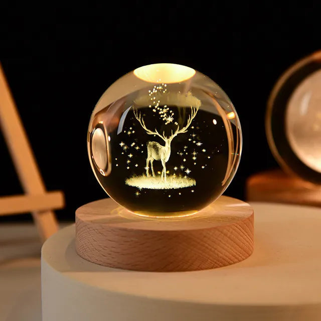 Bola de cristal 3D de 6cm para decoración del hogar y escritorio, grabado con láser globo con sistema Solar, luz nocturna de Planeta, regalo de cumpleaños y Astronomía Importe Go 6cm with base Elk deer 