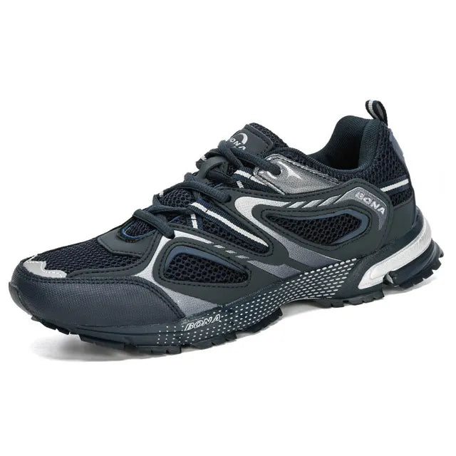 BONA-Tênis de corrida de malha dividida de vaca, calçados esportivos masculinos, estilo clássico, renda, tênis de corrida ao ar livre, nova chegada, 34870 Importe Go Deep blue silvergray 41 