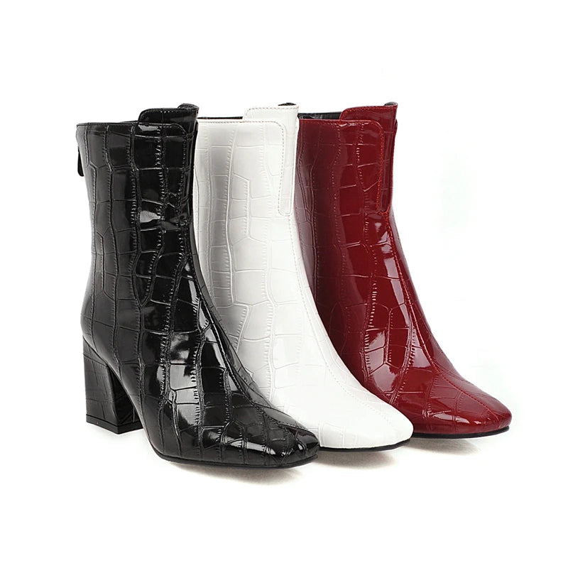 Botines de piel de serpiente para mujer, botas de moto de tacón alto, zapatos de fiesta, color blanco y rojo, a la moda, sexys, para invierno Importe Go 