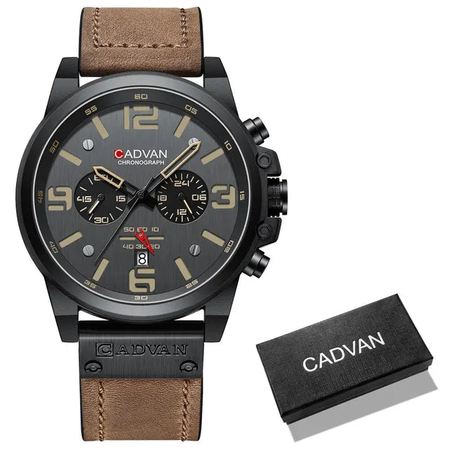 CADVAN-Relógio De Pulso De Quartzo De Couro Genuíno Impermeável Masculino, Cronógrafo, Militar, Esporte, Marca De Luxo Top Importe Go Marrom 