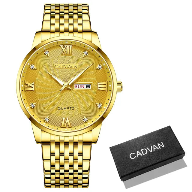 CADVAN-Relógio quartzo de aço inoxidável dourado masculino, relógios esportivos masculinos, relógio de pulso casual, data relógio, luxo Importe Go Dourado 