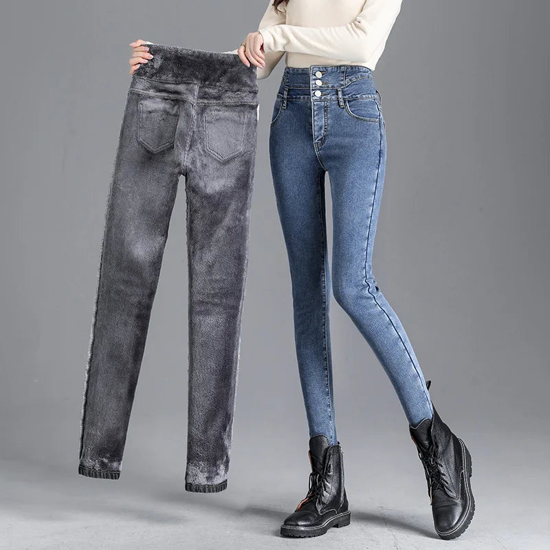 Calça Jeans Skinny de cintura alta feminina, Jeans mãe, Calças lápis, Veludo, Stretch, Botão, Térmico, Grosso, Velo, Casual, Quente, Inverno Importe Go 