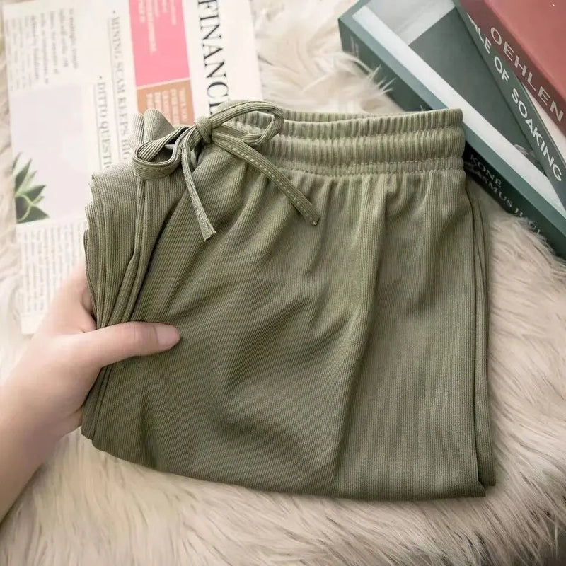 Calça larga de seda de gelo feminina, cintura alta, solta, reta, casual, ao ar livre, calça preta, feminina, primavera, verão, 2023 Importe Go Verde Tamanho único 