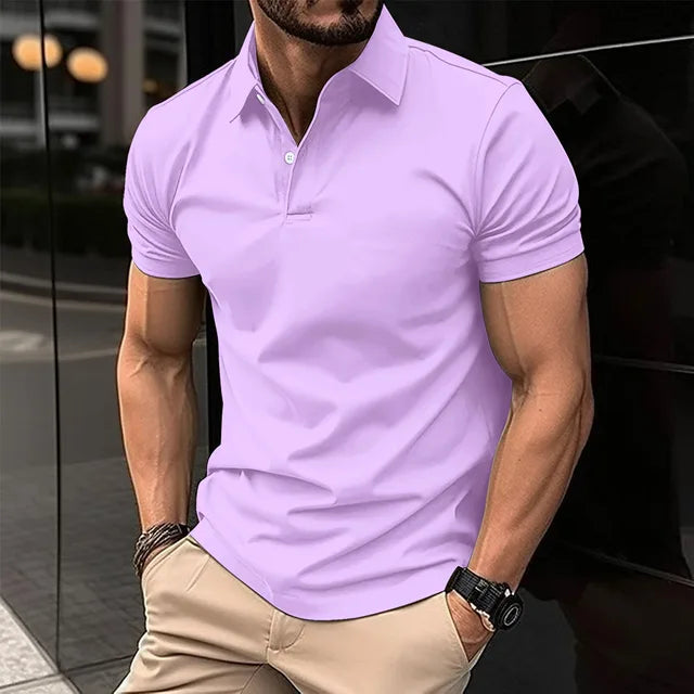 Camisa polo de manga curta masculina, gola virada para baixo, botão, top cor pura, casual roupas de conforto, verão, best-seller Importe Go purple S 