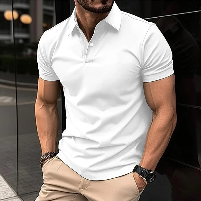 Camisa polo de manga curta masculina, gola virada para baixo, botão, top cor pura, casual roupas de conforto, verão, best-seller Importe Go white S 