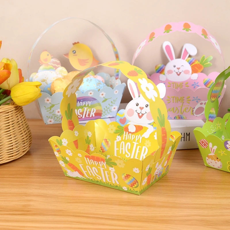 Cesta de almacenamiento de 4 piezas para niños, bolsa de papel con bonito diseño de conejo de pascua, pollitos, dulces, decoración de Pascua, suministros para fiestas y el hogar Importe Go 