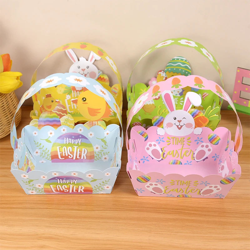 Cesta de almacenamiento de 4 piezas para niños, bolsa de papel con bonito diseño de conejo de pascua, pollitos, dulces, decoración de Pascua, suministros para fiestas y el hogar Importe Go 