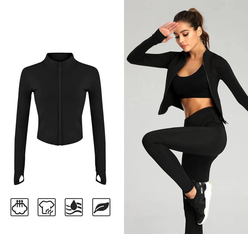 Chaqueta de chándal ajustada para mujer, abrigo de Fitness de manga larga, Tops cortos de Yoga con agujeros para el pulgar, chaqueta de gimnasio, sudaderas de entrenamiento Importe Go 