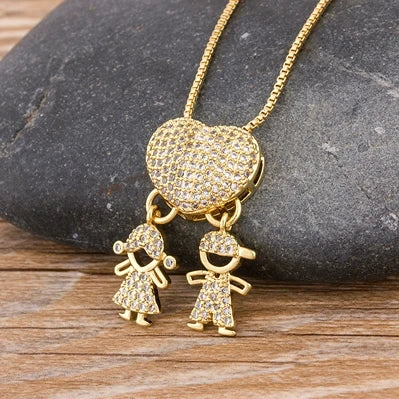 Colar Cubic Zirconia com Pingente Coração, Cor Dourada, Corrente Cobre, Presente do Dia das Mães, Menino e Menina, Jóias Família, Venda Quente Importe Go N91-Boy and Girl 