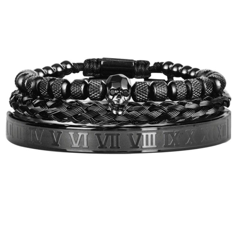 Conjunto 3 Pulseiras Caveira OLD SKULL - Joia em Aço Inoxidável Banhada em Ouro e Prata Importe Go Kit Preto/Caveira Preta/Bracelete Preto 