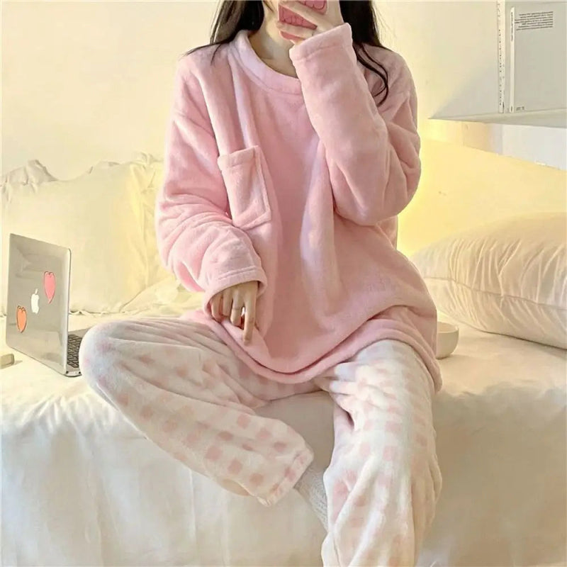 Conjunto de pijama grosso de lã quente feminino, roupa de dormir, casual, top sólido e xadrez, macio, terno doméstico, inverno Importe Go 