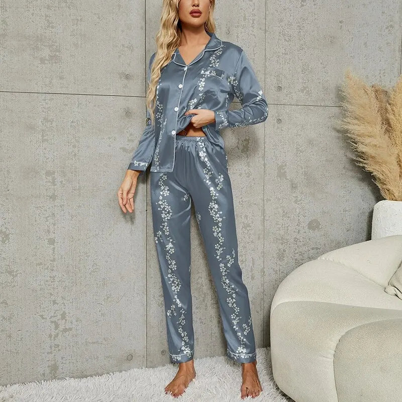 Conjunto de pijamas de botão feminino, pijamas de manga comprida, conjuntos de pijamas, camisa estampada com calças, loungewear feminino Importe Go 