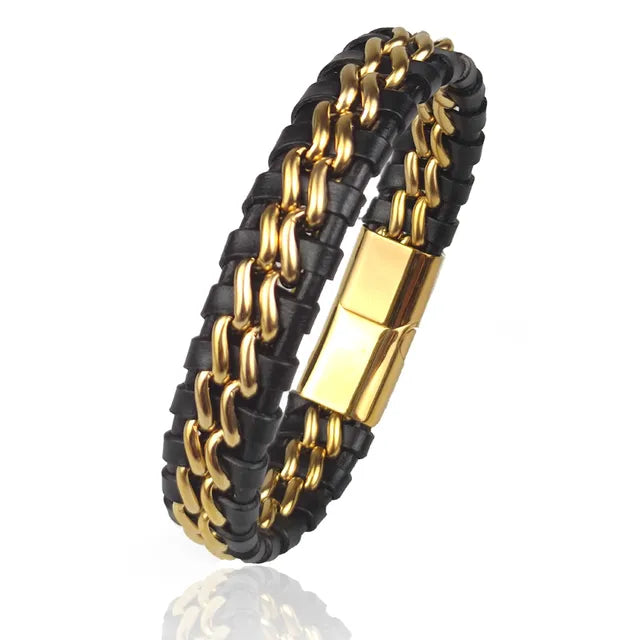 Genuine Leather Chain Bracelet for Men Magnetic Stainless Steel Clasp in Plated Gold Exclusive Jewellery Gift Wholesale Dropping Importe Go 