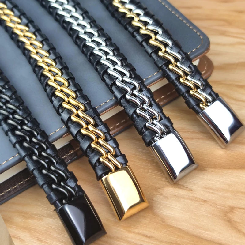 Genuine Leather Chain Bracelet for Men Magnetic Stainless Steel Clasp in Plated Gold Exclusive Jewellery Gift Wholesale Dropping Importe Go 