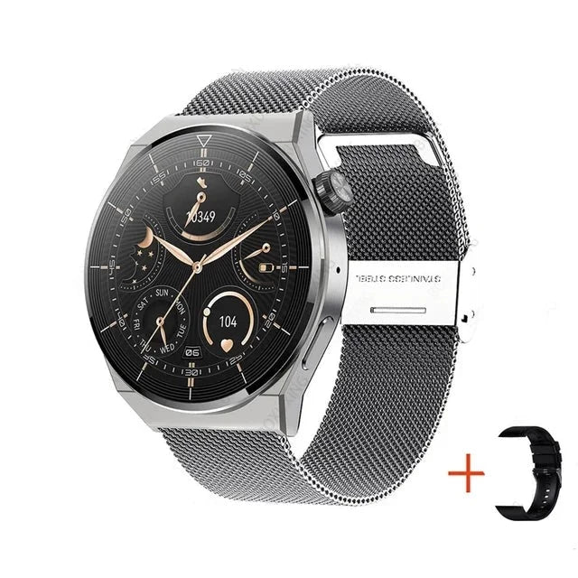 GT3 Pro Smartwatch para homens, tela HD, AMOLED, chamada Bluetooth, freqüência cardíaca, NFC, IP68 à prova d'água, Android, 390x390, 2024 Importe Go Black leather 