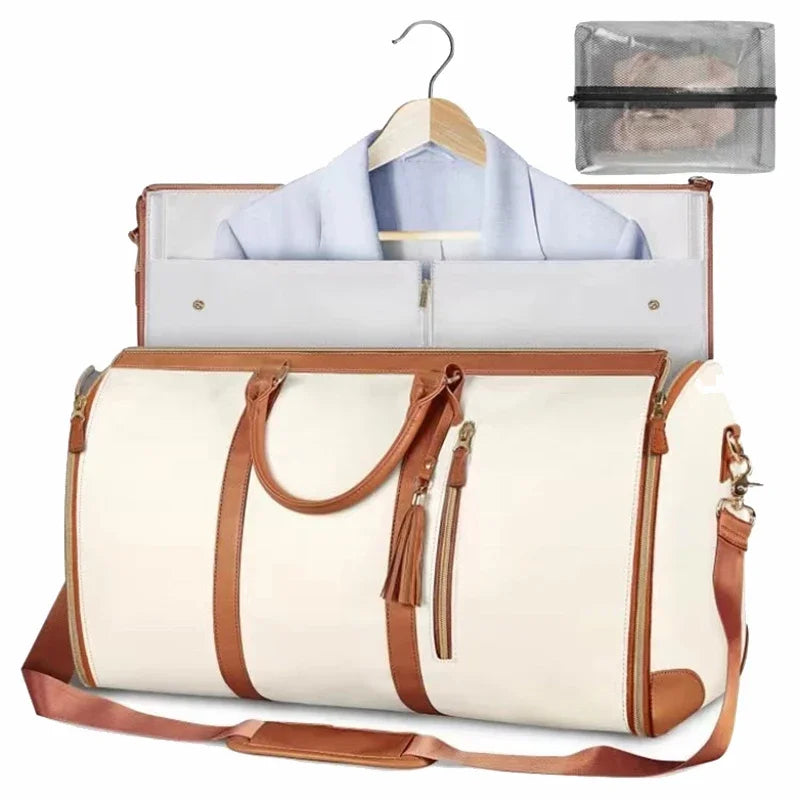 Lucshy-Saco Dobrável De Grande Capacidade, Saco De Vestuário De Viagem, Saco De Armazenamento De Couro PU, Bolsa Impermeável, Moda Esportes Ao Ar Livre Importe Go Beige 