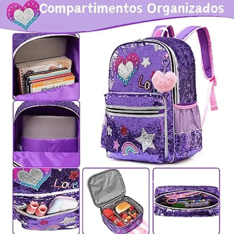 Mochila Infantil Para Meninas Super Shine Com Lantejoulas Importe Go 