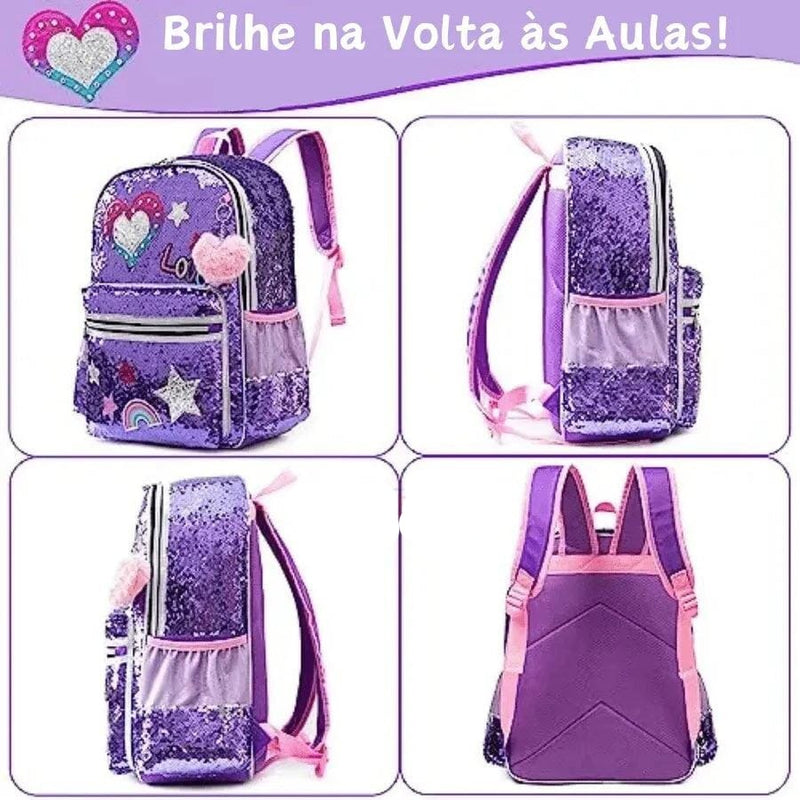 Mochila Infantil Para Meninas Super Shine Com Lantejoulas Importe Go 