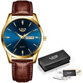 Moda Relógios Homens Top Brand Luxo Quartz Watch Men Leather Strap Waterproof Business Casual Men Relógios de pulso Relógio Importe Go gold blue 