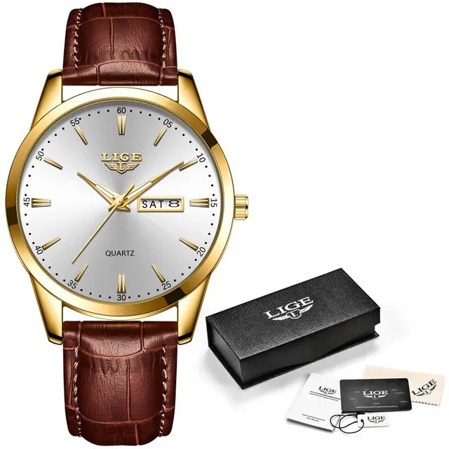 Moda Relógios Homens Top Brand Luxo Quartz Watch Men Leather Strap Waterproof Business Casual Men Relógios de pulso Relógio Importe Go gold white 