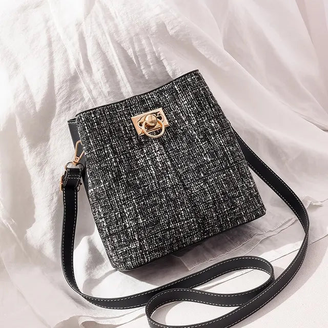 Mulheres Patchwork Crossbody Bag Balde Falso Couro Círculo Fivela Sacos De Ombro Moda Feminina Totes Costura Bag Importe Go Black (Small (longest side 20-30cm)) 