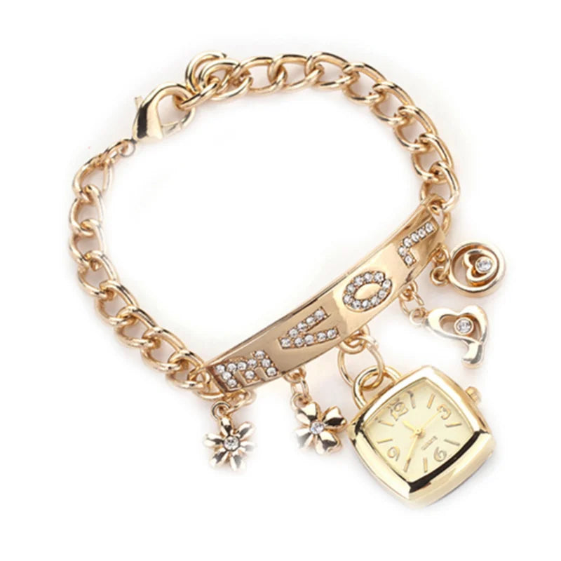 Pulseira de strass embutidos para mulheres, Relógio de pulso pendente flor, Senhoras relógios com letras, Presente vestido Importe Go 