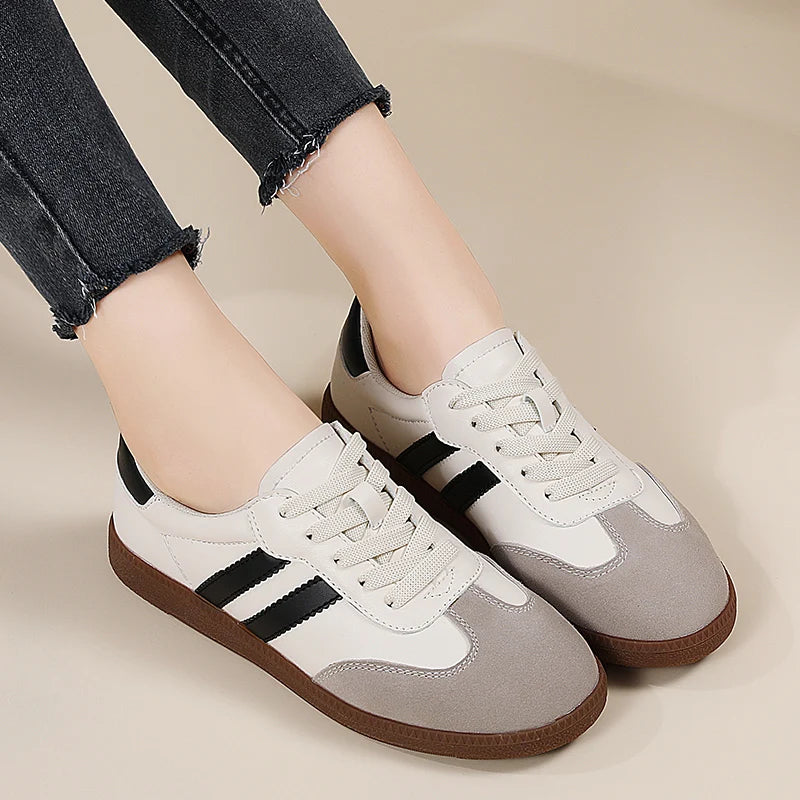 Tênis de couro clássico feminino, sapatos de luxo, corte baixo, renda, dedo do pé redondo, cinza, branco, retrô, casual, novo, outono, 2023 Importe Go 