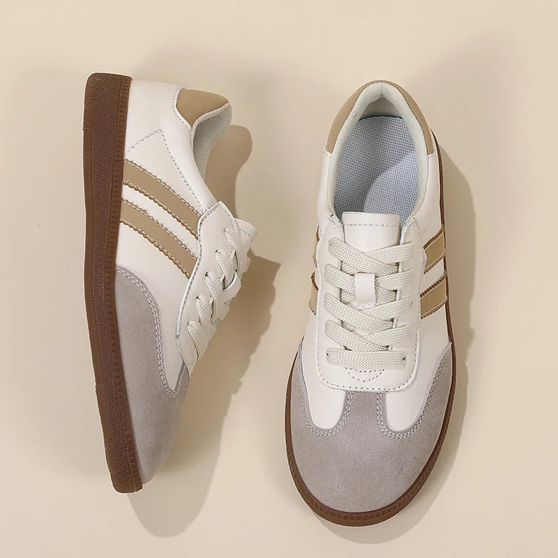 Tênis de couro clássico feminino, sapatos de luxo, corte baixo, renda, dedo do pé redondo, cinza, branco, retrô, casual, novo, outono, 2023 Importe Go 