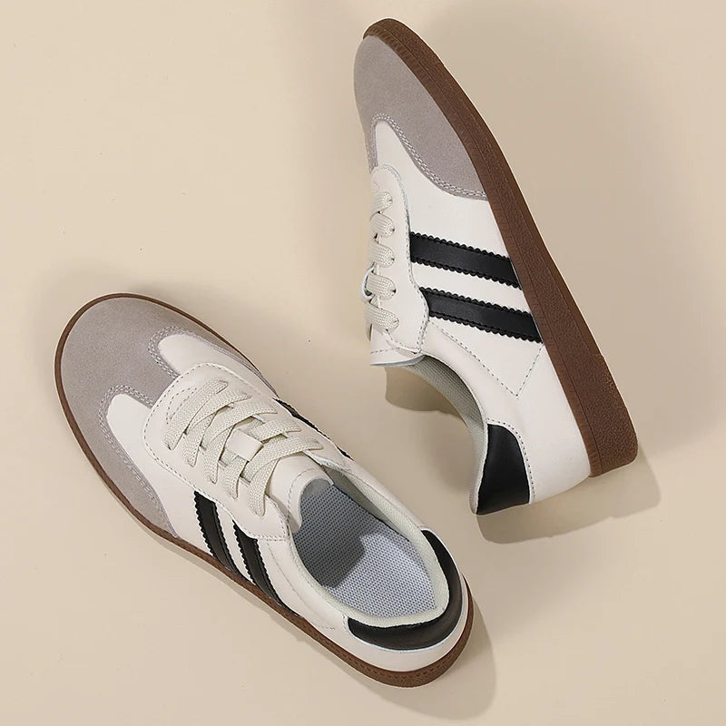 Tênis de couro clássico feminino, sapatos de luxo, corte baixo, renda, dedo do pé redondo, cinza, branco, retrô, casual, novo, outono, 2023 Importe Go 