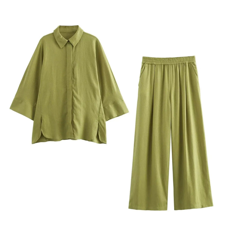 TFMLN-2-Piece calças de perna larga para mulheres, roupa solta, camisas casuais, top, terno da moda, novo, 2024 Importe Go Verde L 