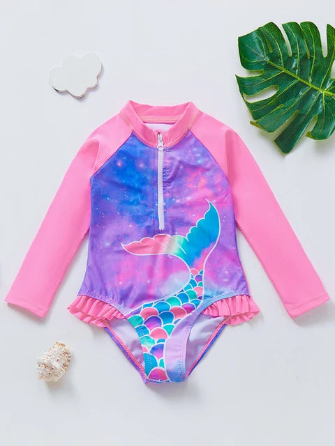 Uma peça Rash Guard Swimwear com plissado Trim, manga comprida, meninas Importe Go 1208 4Y 