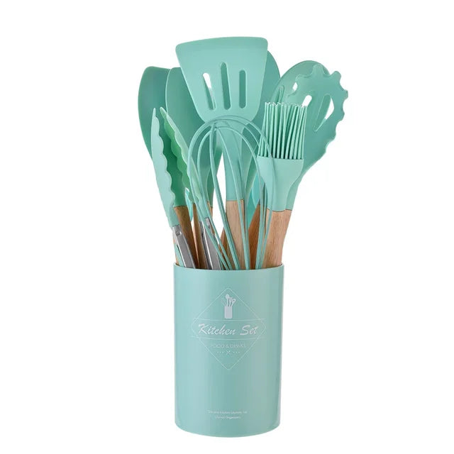 Utensílios De Cozinha De Silicone Conjunto Com Cabo De Madeira, Ferramenta De Cozinha De Cozinha, Panelas Antiaderentes, Espátula, Pá, Batedores De Ovo, Utensílios De Cozinha, 12Pcs Importe Go Green 12Pcs 