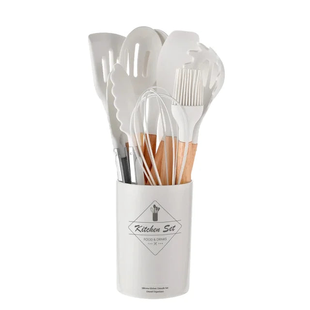 Utensílios De Cozinha De Silicone Conjunto Com Cabo De Madeira, Ferramenta De Cozinha De Cozinha, Panelas Antiaderentes, Espátula, Pá, Batedores De Ovo, Utensílios De Cozinha, 12Pcs Importe Go White 12Pcs 