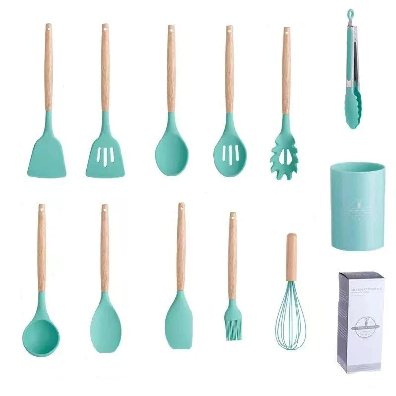 Utensílios De Cozinha De Silicone Conjunto Com Cabo De Madeira, Ferramenta De Cozinha De Cozinha, Panelas Antiaderentes, Espátula, Pá, Batedores De Ovo, Utensílios De Cozinha, 12Pcs Importe Go 