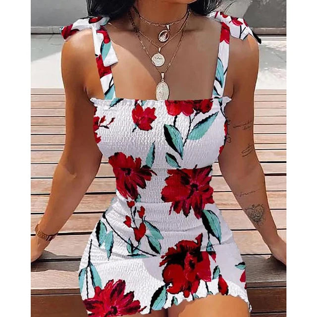 Vestido de camisola apertada floral feminino, roupa de praia feminina, minissaia sexy de clube, vestido curto casual, primavera e verão, 2024 Importe Go Vermelho S 